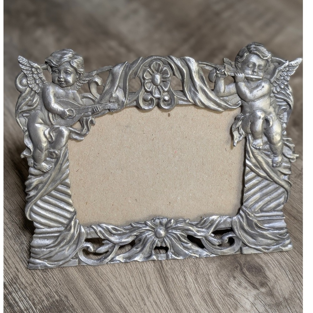 Vintage Ornate Cherub Angel Silver Pewter Style Picture Frame Tabletop Decor